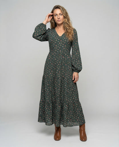 Damen Viskosemix-Kleid Lang Ballonärmel - Eveloria