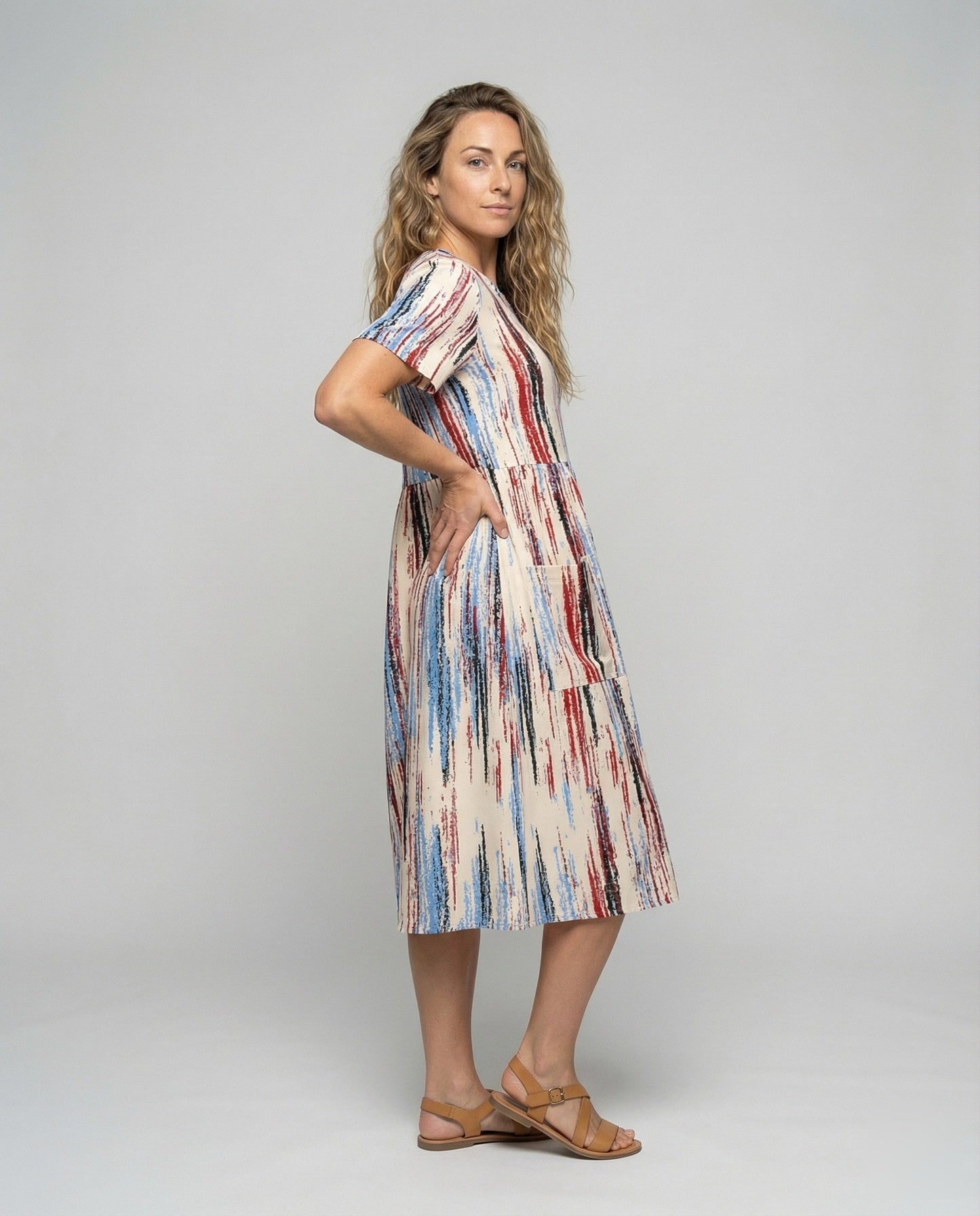 Damen Midikleid Kurzarm Pinselstrich-Print - Eveloria
