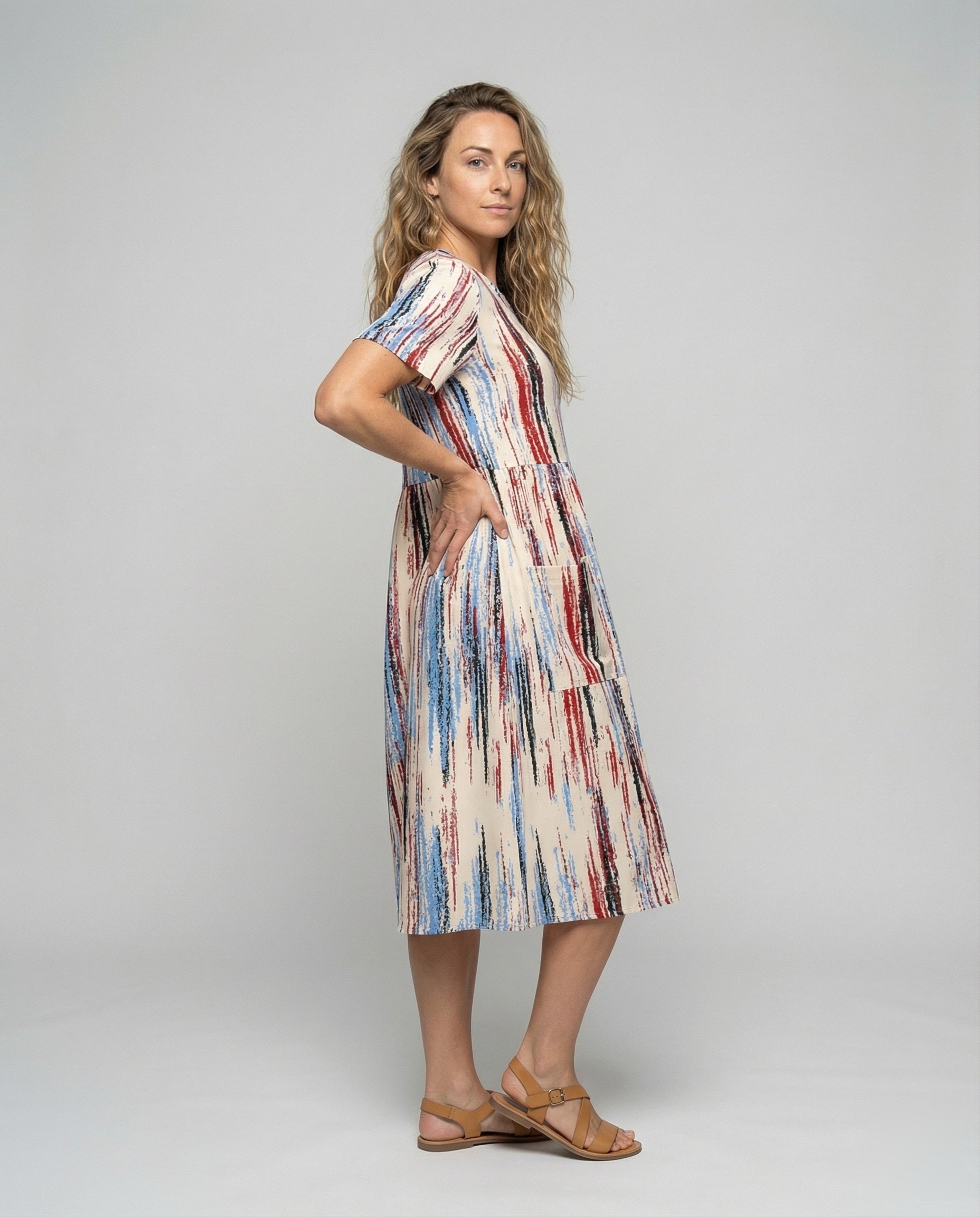 Damen Midikleid Kurzarm Pinselstrich-Print - Eveloria