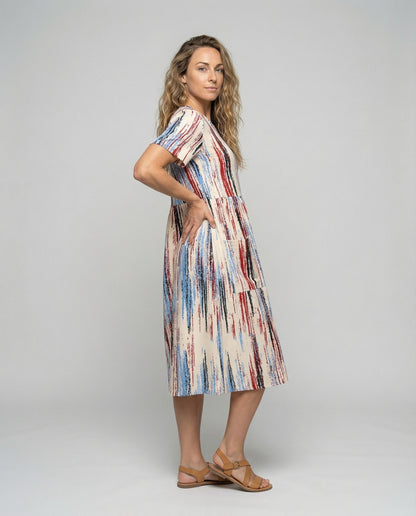 Damen Midikleid Kurzarm Pinselstrich-Print - Eveloria