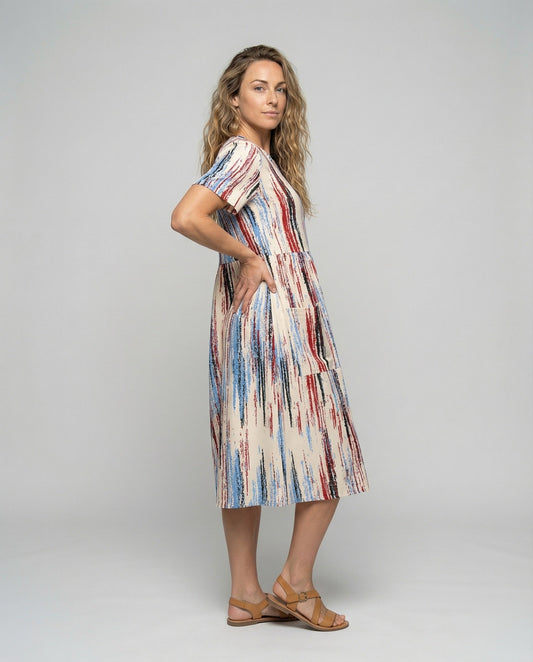 Damen Midikleid Kurzarm Pinselstrich-Print - Eveloria