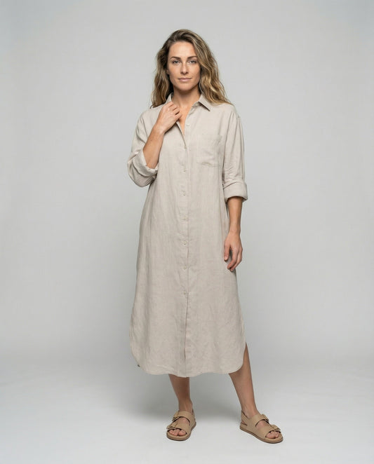 Damen Leinen-Viskose Longblusenkleid Lässig - Eveloria