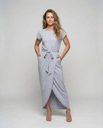 Damen Maxi-Kleid aus Jersey mit Bindegürtel Schwarz - Eveloria