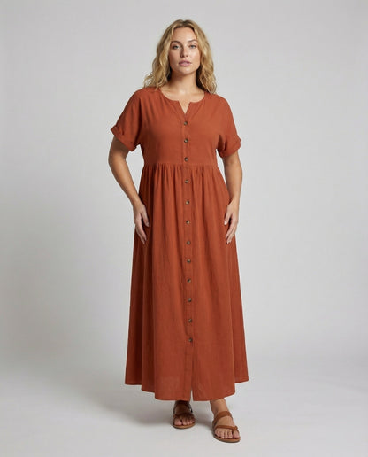 Damen Leinenmaxikleid Luftig Knopfleiste Beige - Eveloria