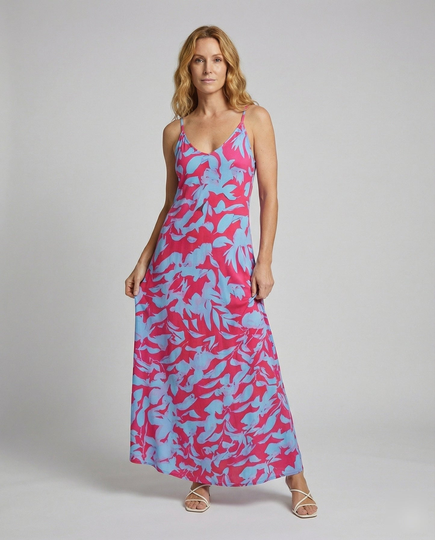 Damen Maxikleid Blatt-Print Baumwolle Lang - Eveloria
