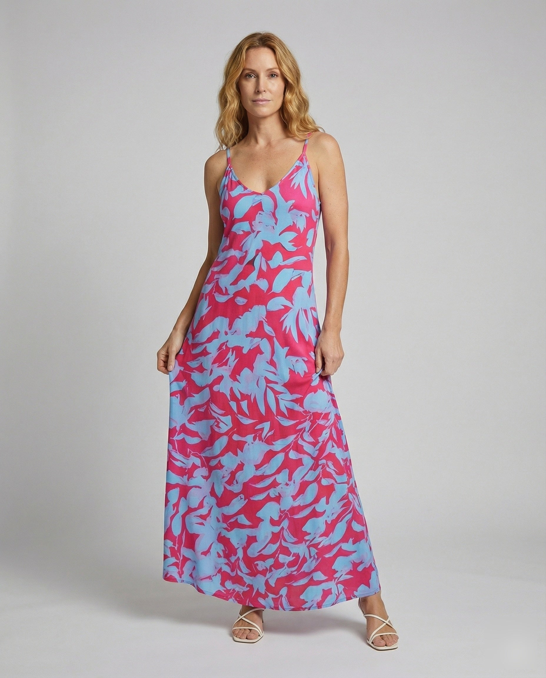 Damen Maxikleid Blatt-Print Baumwolle Lang - Eveloria