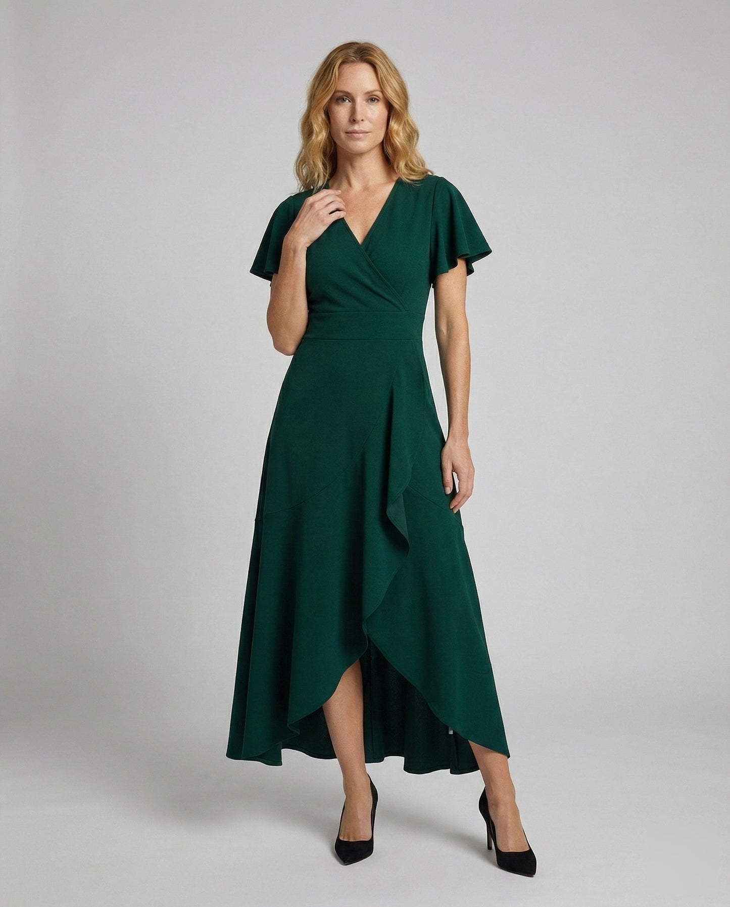 Damen Maxikleid Wickeloptik Volantärmel - Eveloria