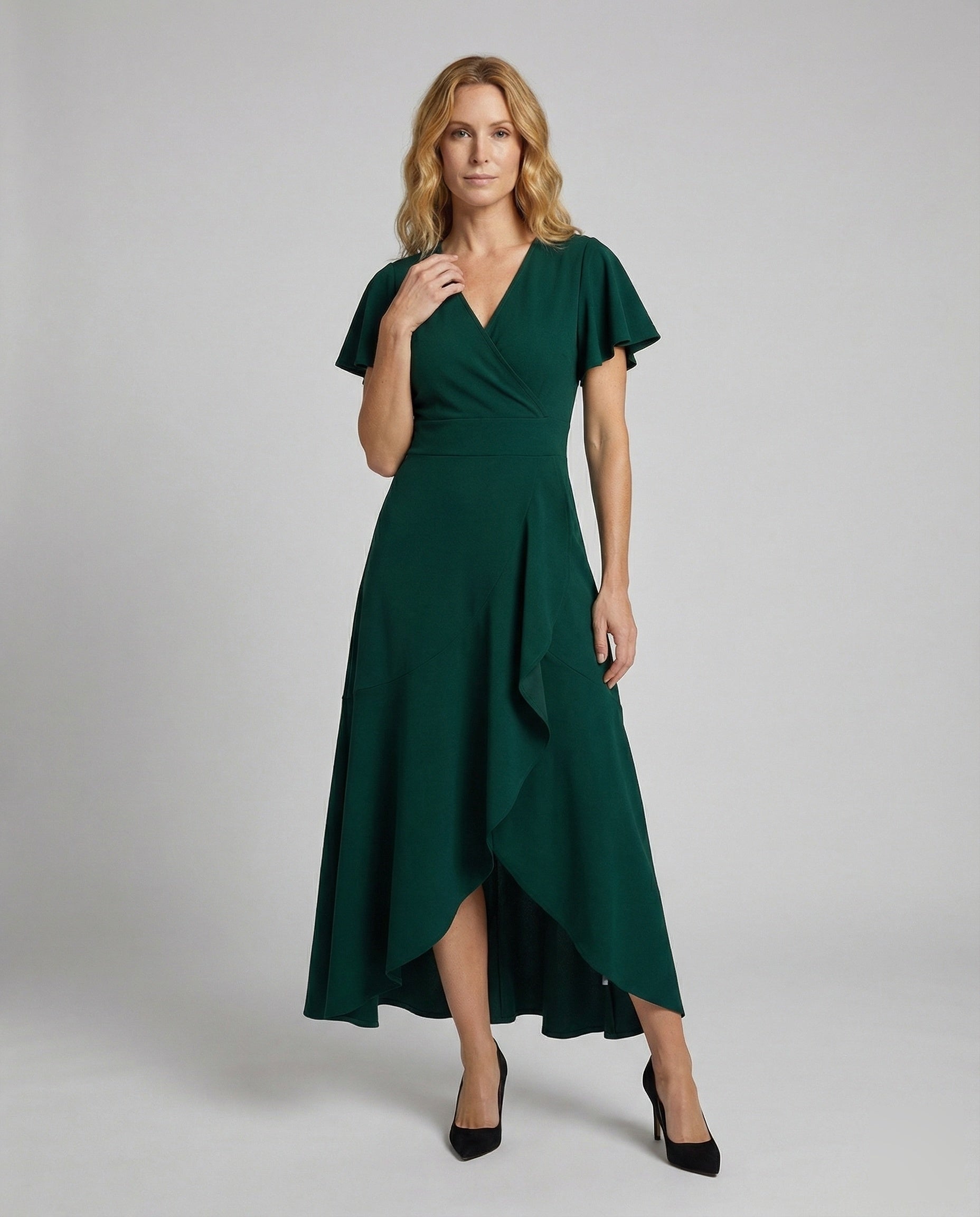 Damen Maxikleid Wickeloptik Volantärmel - Eveloria