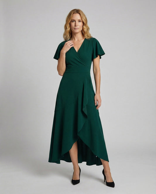 Damen Maxikleid Wickeloptik Volantärmel - Eveloria