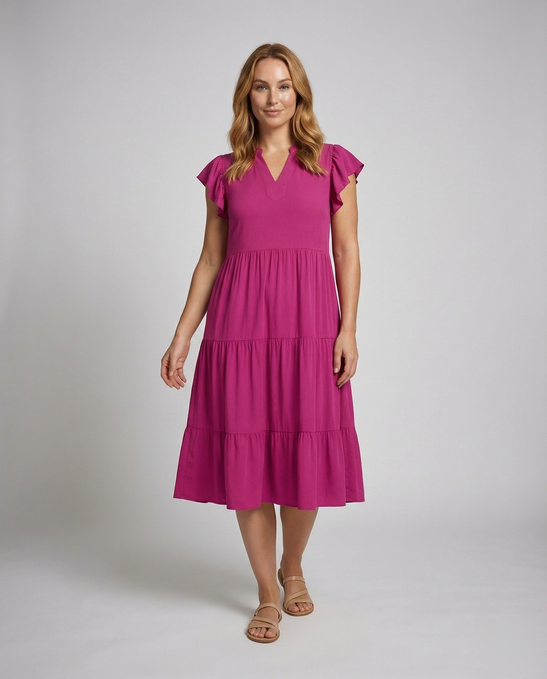 Damen Midi-Kleid Stufenrock mit Seitentaschen - Eveloria