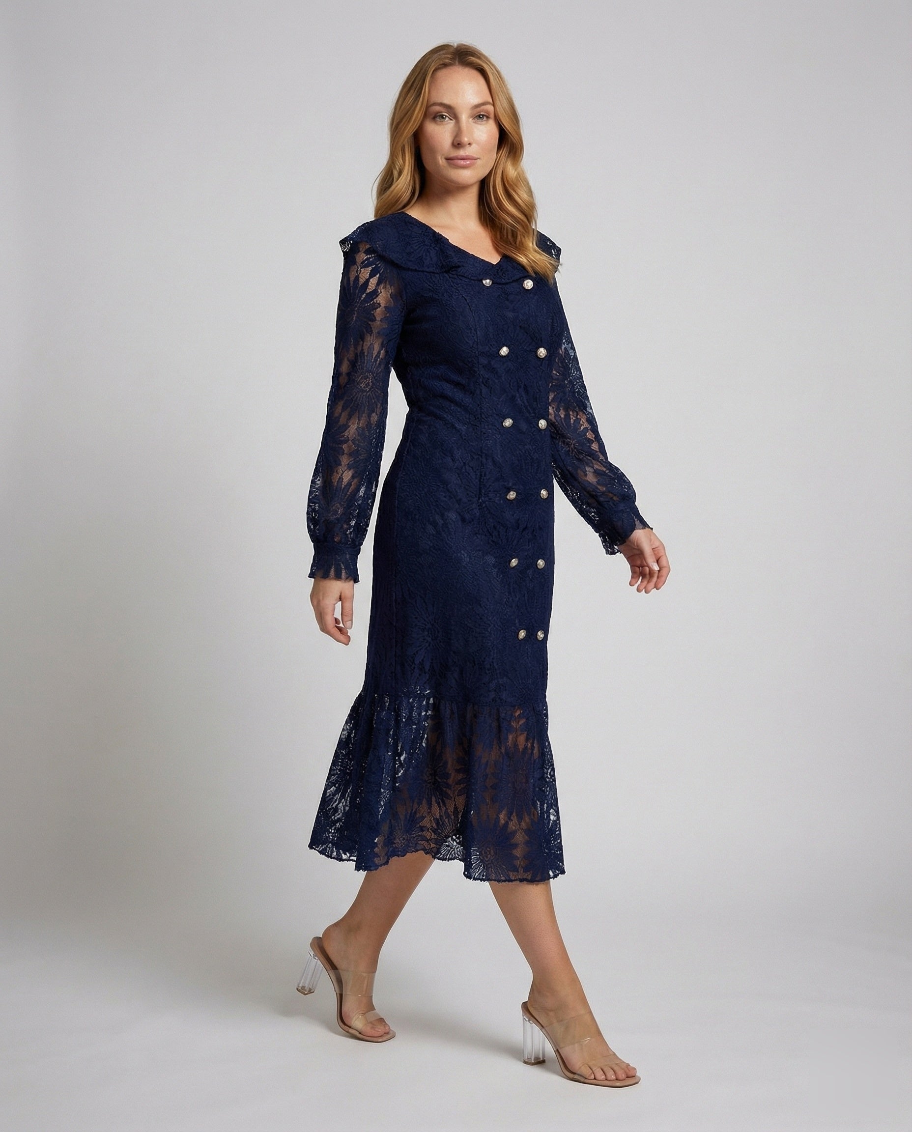 Damen Midikleid Bestickte Spitzenärmel - Eveloria