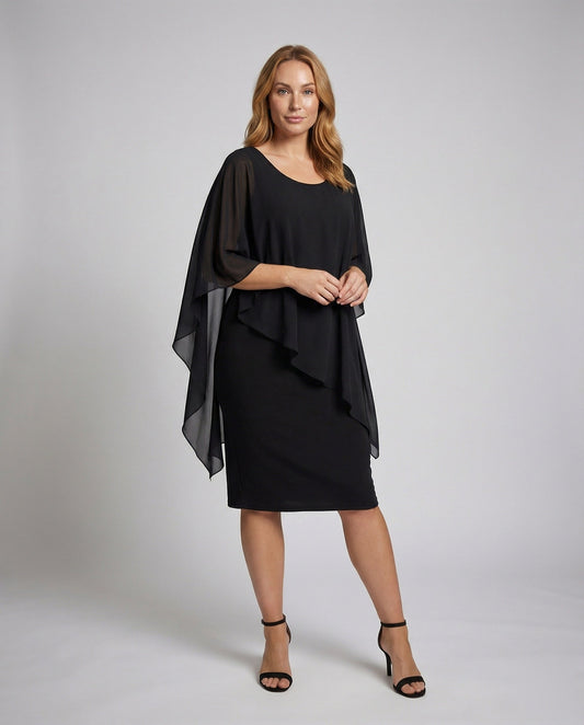 Damen Midikleid Chiffon-Cape Fließend Schwarz - Eveloria