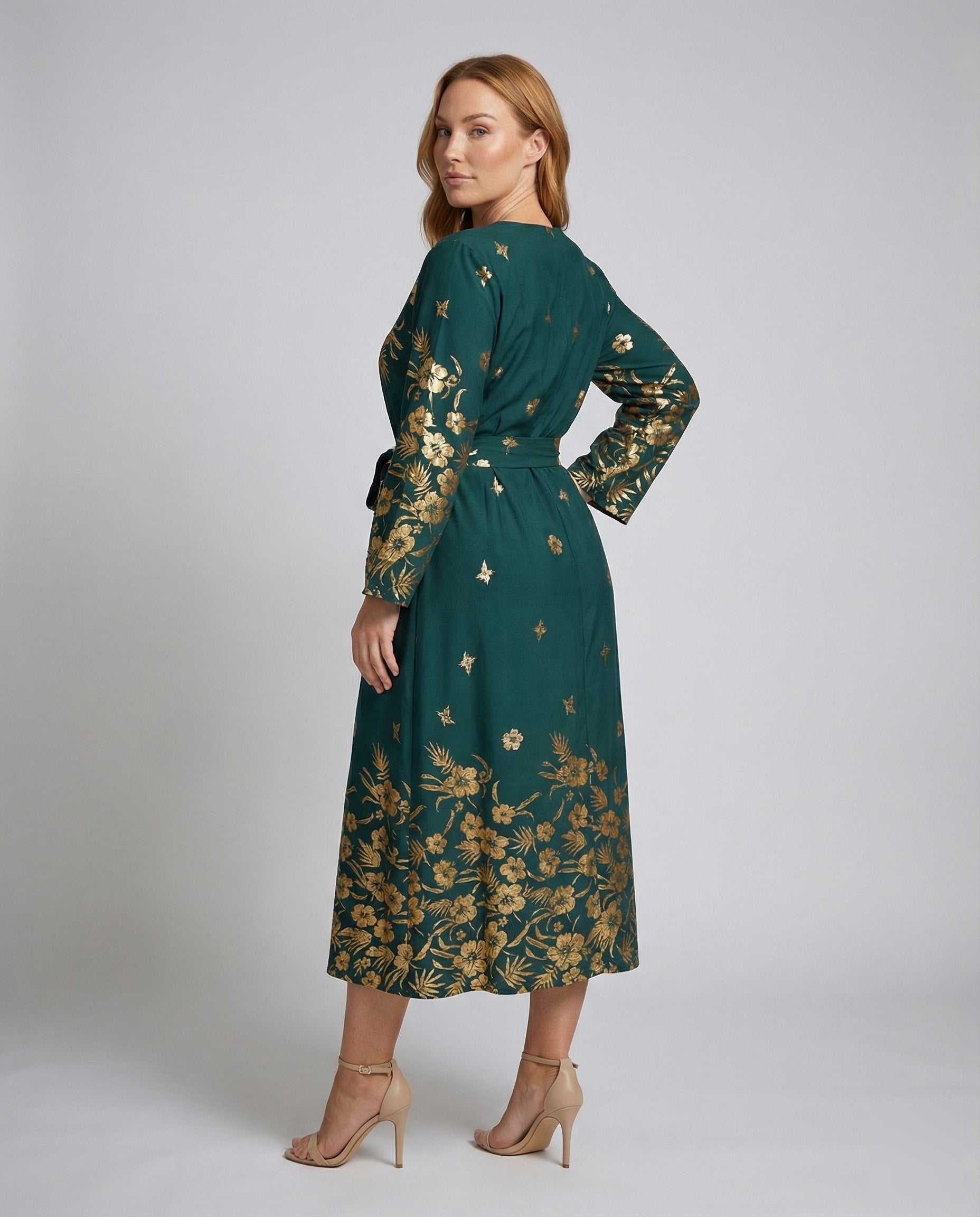 Damen Midikleid Floralmuster Gürtel - Eveloria