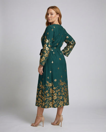 Damen Midikleid Floralmuster Gürtel - Eveloria