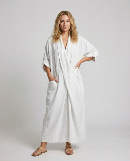 Damen Oversize Leinenkleid Wickeloptik Beige - Eveloria