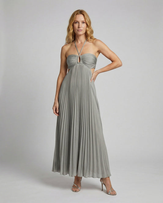 Damen Maxikleid Plissiert Bodenlang Cut-outs - Eveloria