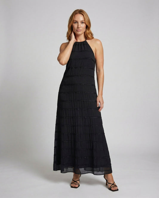 Damen Haltermaxikleid Crinkle-Stoff Schlank Schwarz - Eveloria