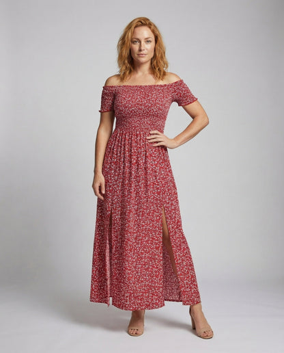 Damen Maxikleid Schulterfrei Smock-Oberteil - Eveloria