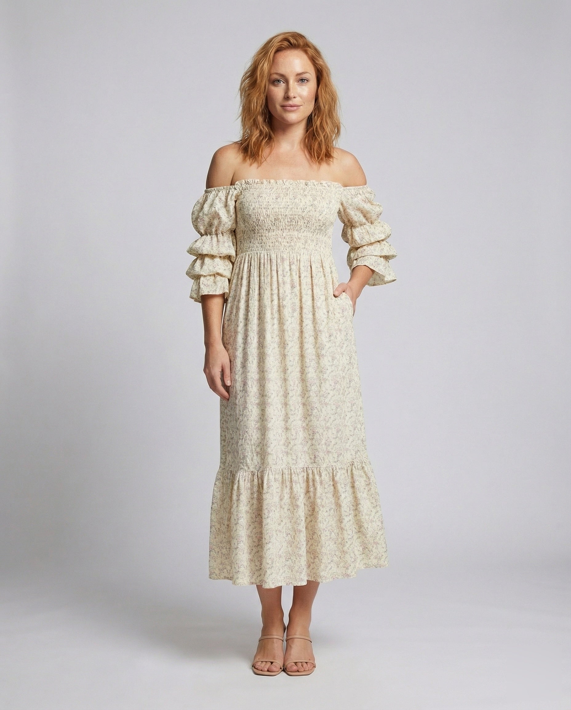 Damen Maxikleid Schulterfrei Stufenvolant - Eveloria