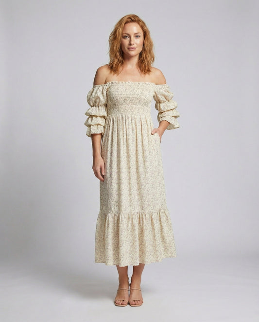 Damen Maxikleid Schulterfrei Stufenvolant - Eveloria