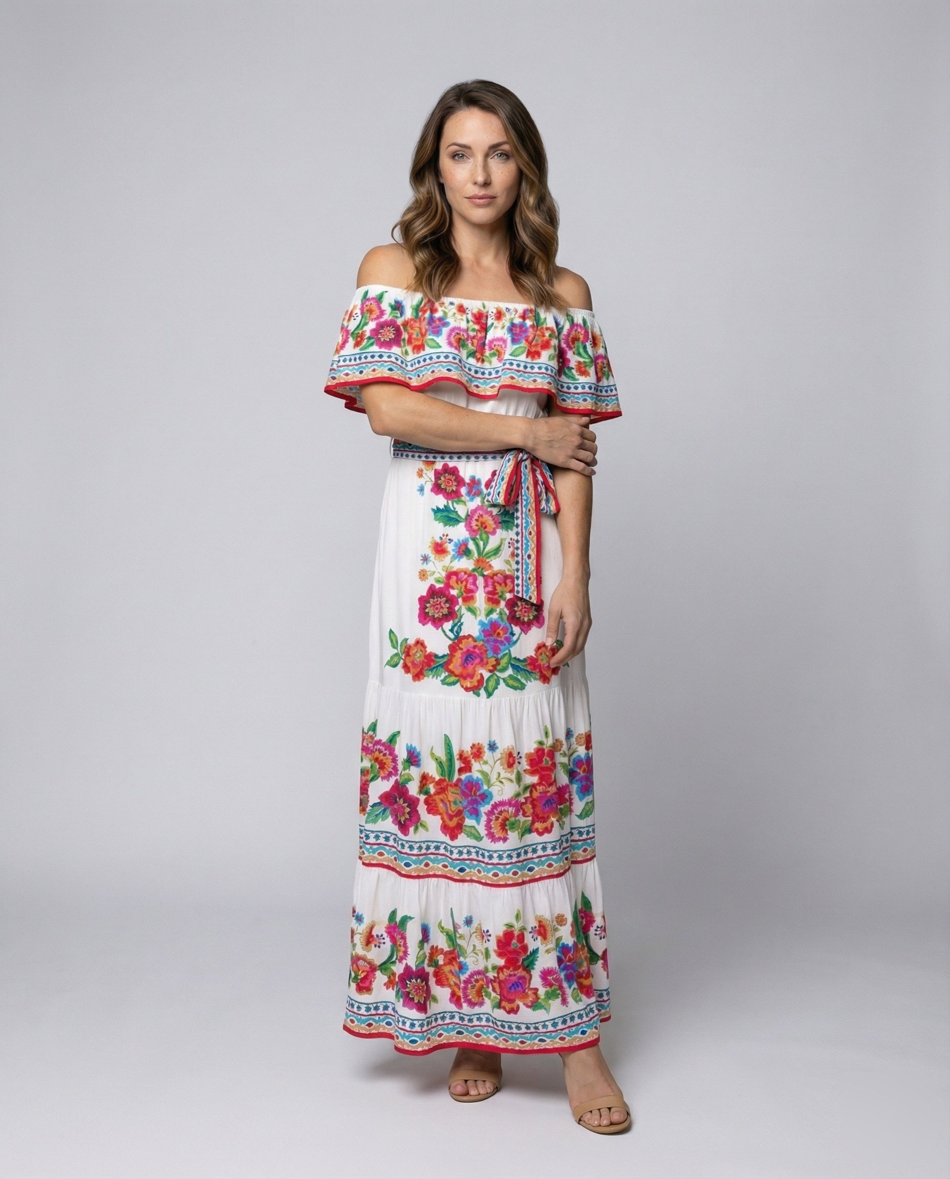 Damen Maxikleid Schulterfrei Volant Stufenrock - Eveloria