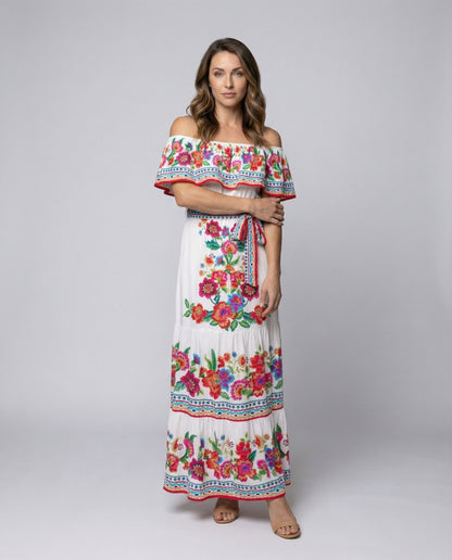 Damen Maxikleid Schulterfrei Volant Stufenrock - Eveloria