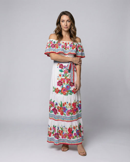 Damen Maxikleid Schulterfrei Volant Stufenrock - Eveloria