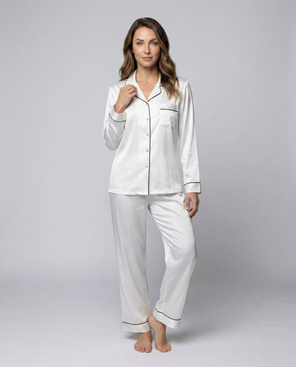 Damen Satinpyjama-Set Seide Kontrastpaspel - Eveloria