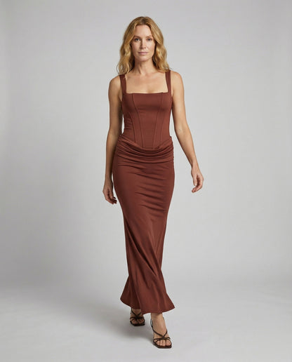 Damen Maxikleid Tailliert Hüftdrapierung Corsage Schwarz - Eveloria