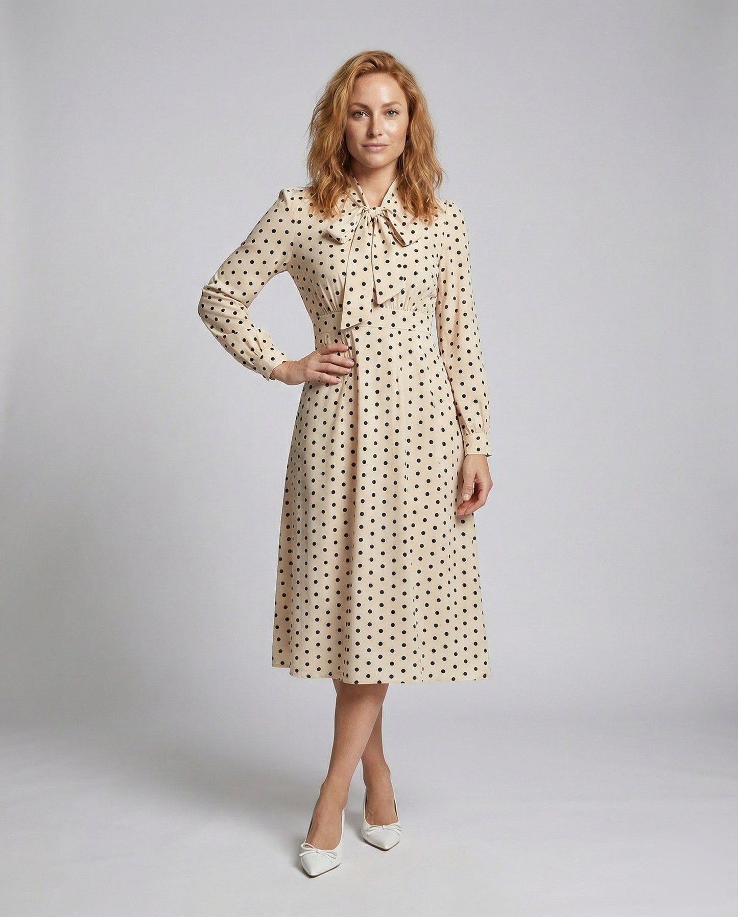 Damen Taillenkleid Mittellänge Schleifenkragen - Eveloria