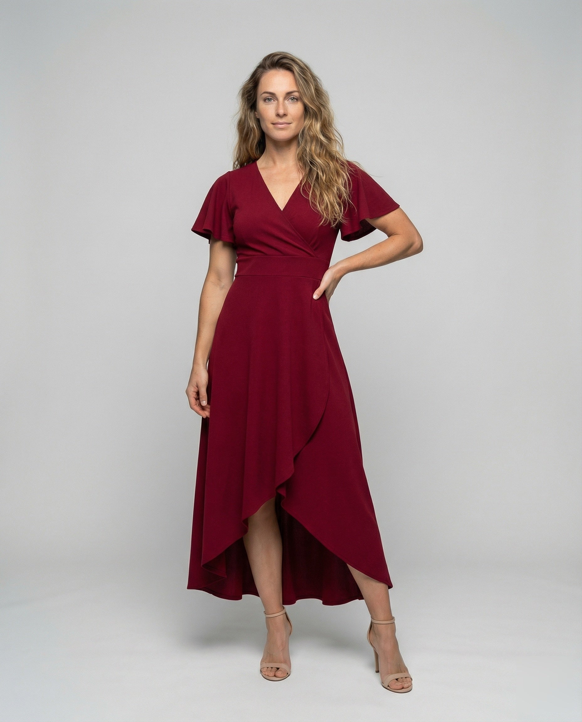 Damen Midikleid V-Ausschnitt Volantfront - Eveloria