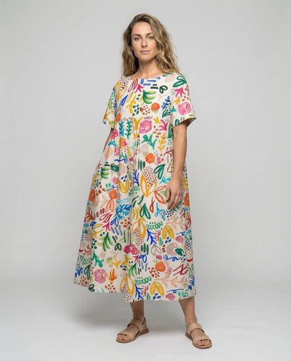Damen A-Linien-Kleid Baumwoll-Leinen Weit - Eveloria
