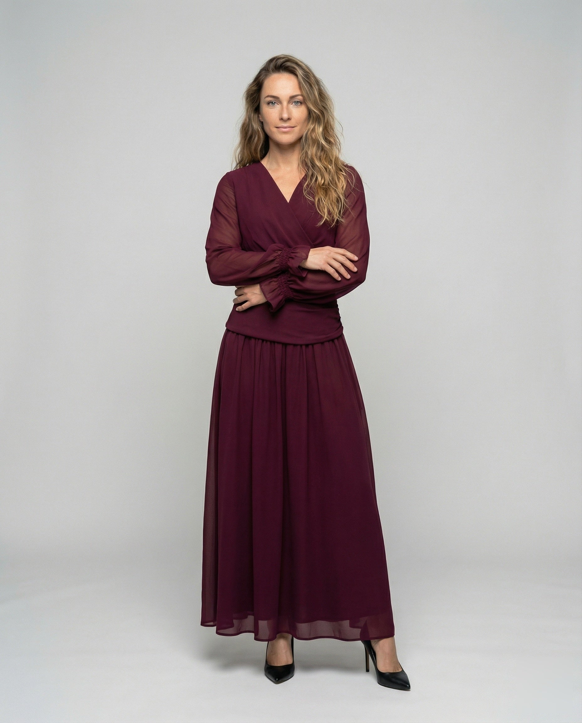 Damen Wickel Maxikleid Volantmanschetten - Eveloria