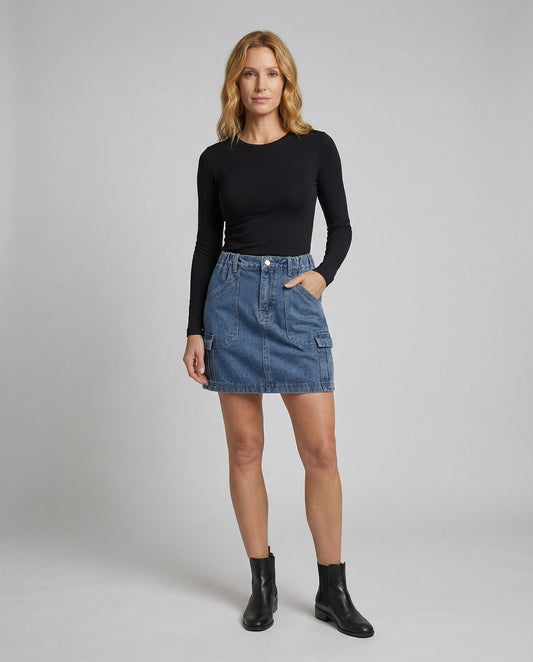 Damen A-Linie Minirock Jeans Pattentaschen - Eveloria