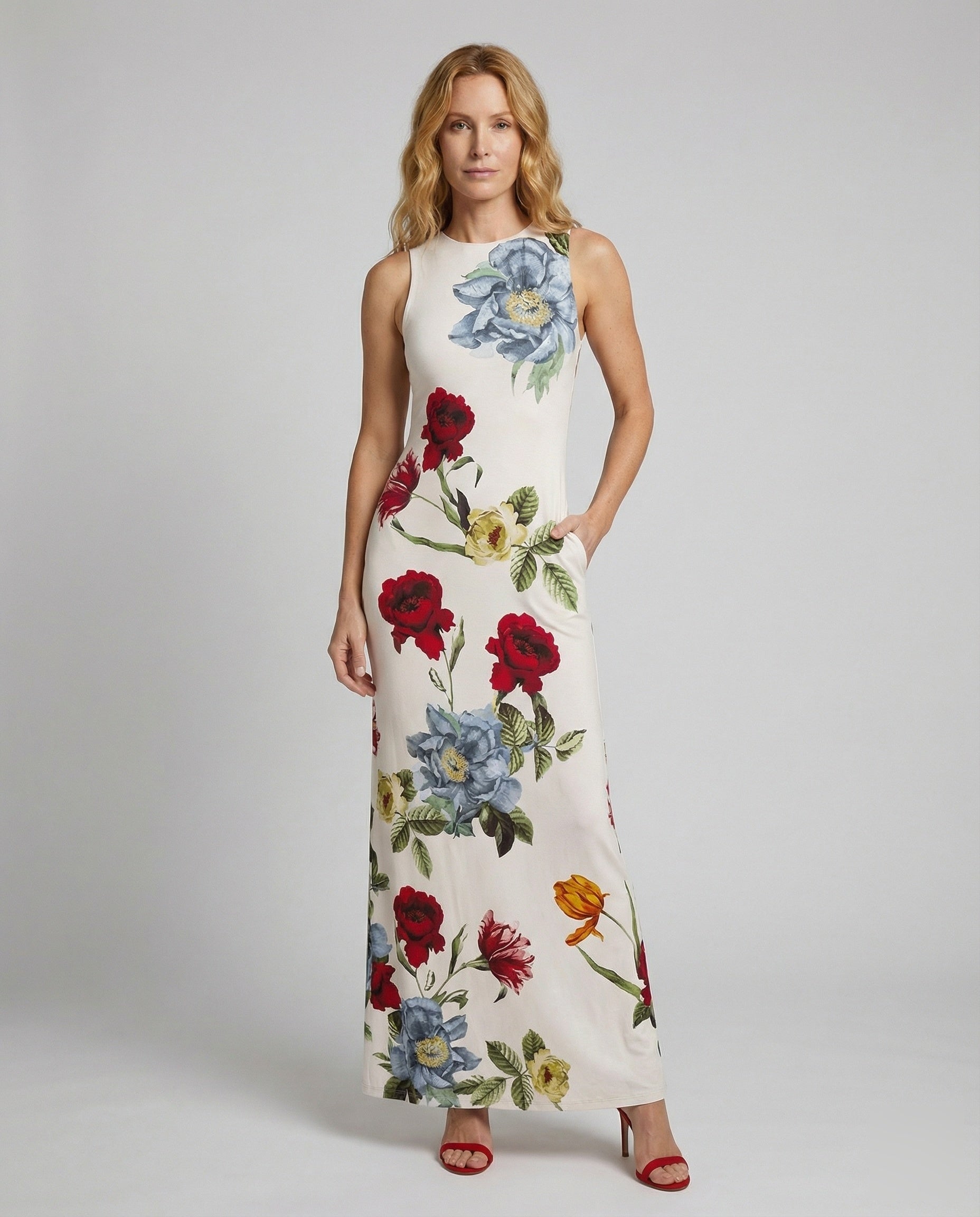 Damen Ärmelloses Maxikleid Großer Blumenprint - Eveloria