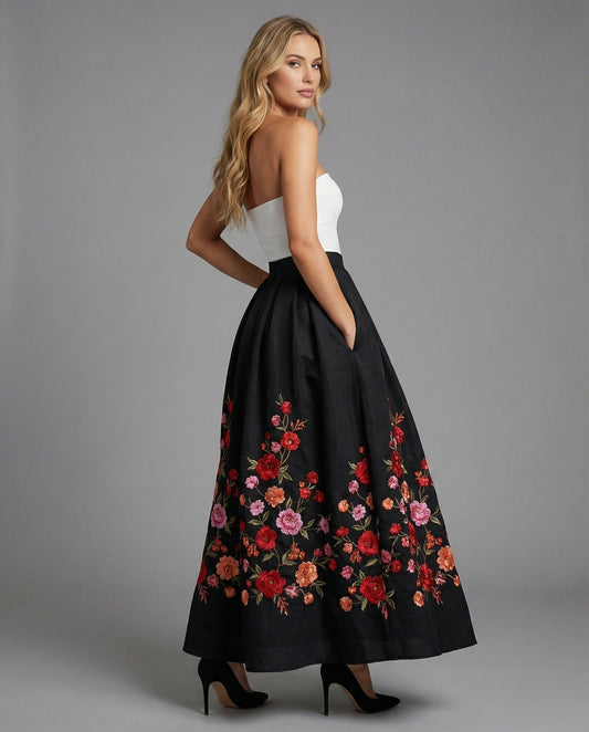 Damen Maxirock Blumenstickerei - Eveloria