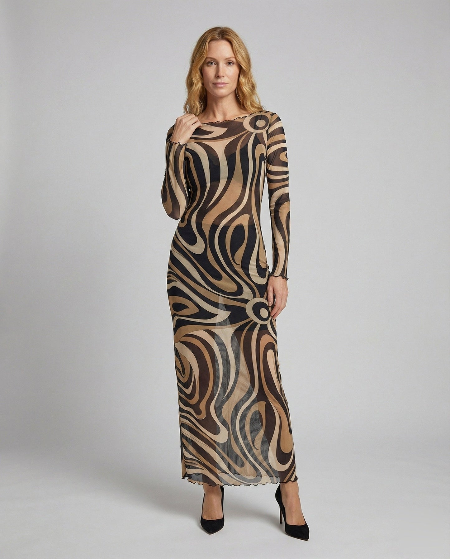 Damen Maxi-Kleid Figurbetont Mesh Alloverprint - Eveloria