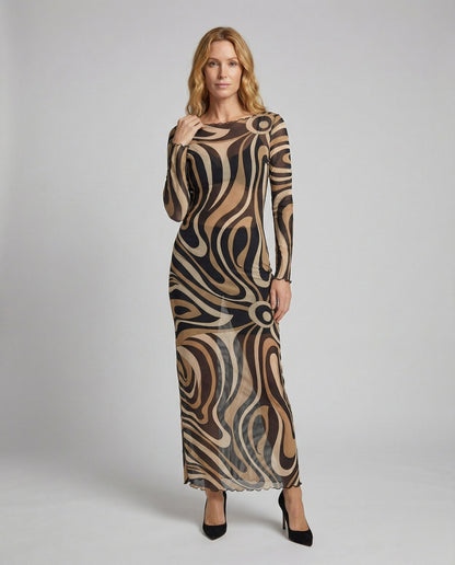 Damen Maxi-Kleid Figurbetont Mesh Alloverprint - Eveloria
