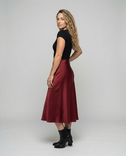 Damen Midirock A-Linie Satin Schwarz - Eveloria