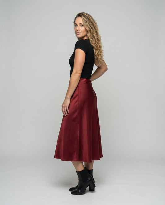 Damen Midirock A-Linie Satin Schwarz - Eveloria
