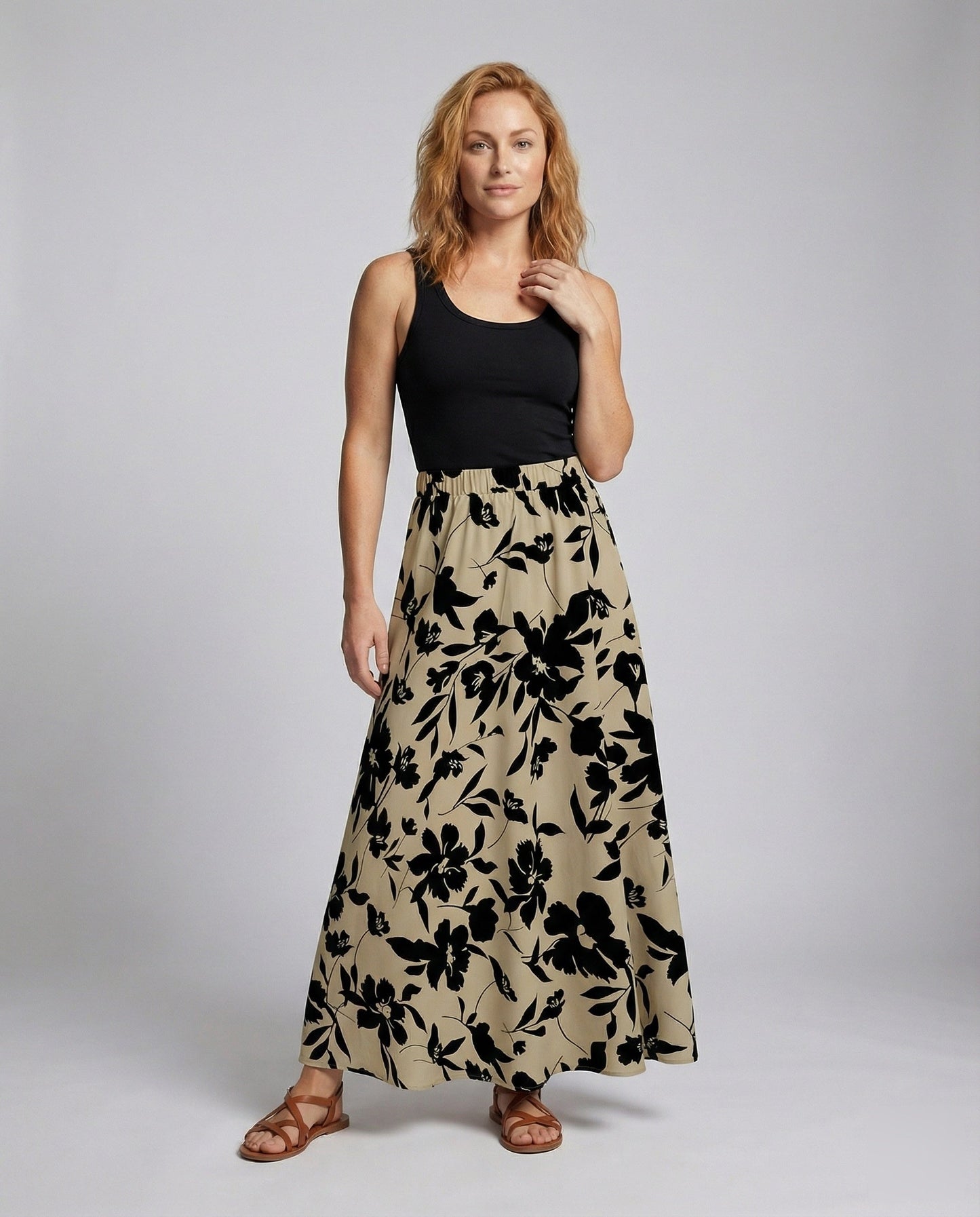 Damen Maxirock Floralmuster Fließend Schwarz - Eveloria
