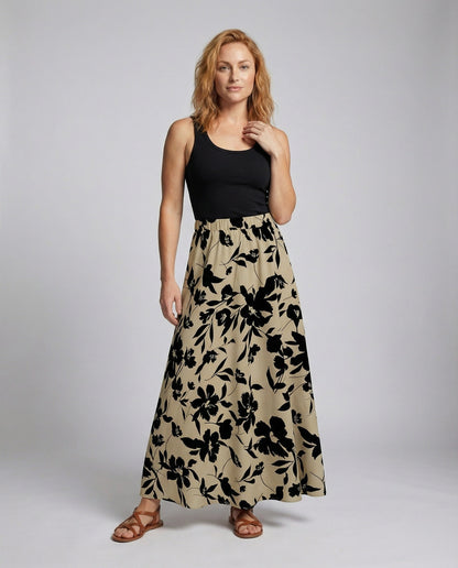 Damen Maxirock Floralmuster Fließend Schwarz - Eveloria