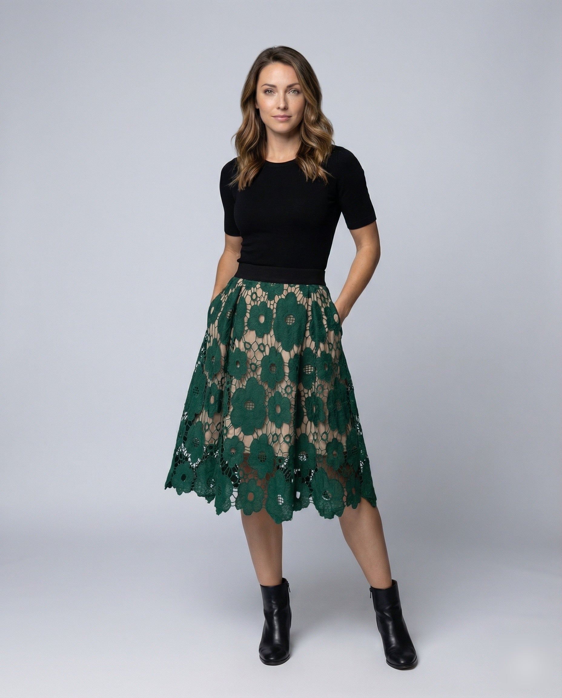 Damen Midirock aus Guipure-Spitze Spitze Schwarz - Eveloria