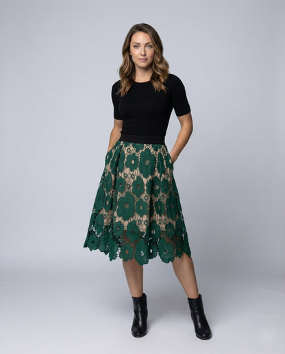 Damen Midirock aus Guipure-Spitze Spitze Schwarz - Eveloria