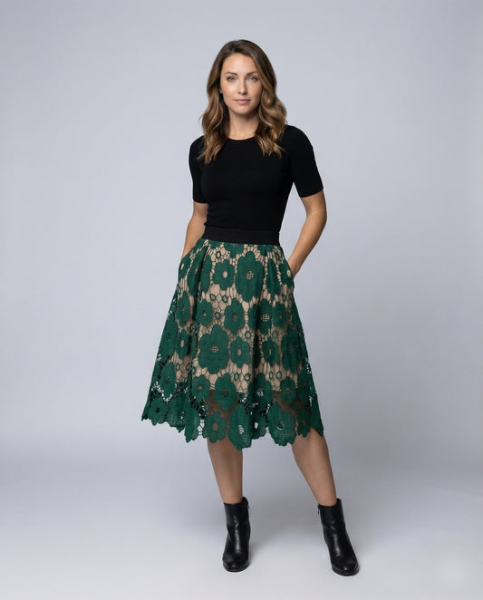 Damen Midirock aus Guipure-Spitze Spitze Schwarz - Eveloria