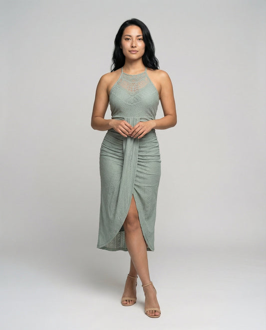Damen Neckholder Midikleid Gehäkelt mit Schlitz - Eveloria