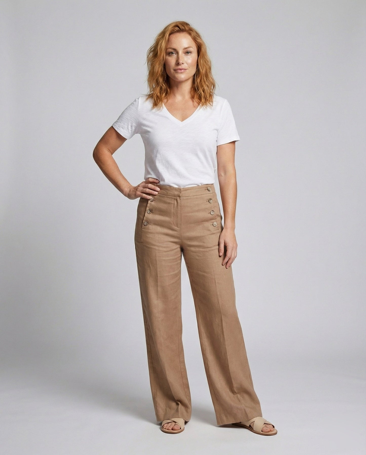Damen Leinenhose Hochgeschnitten Mit Knöpfen Beige - Eveloria