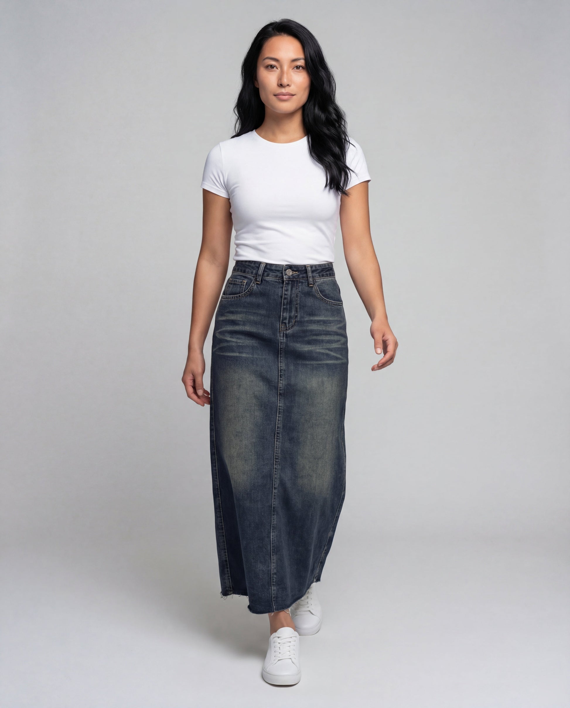 Damen A-Linie Denimrock mit Fransensaum - Eveloria
