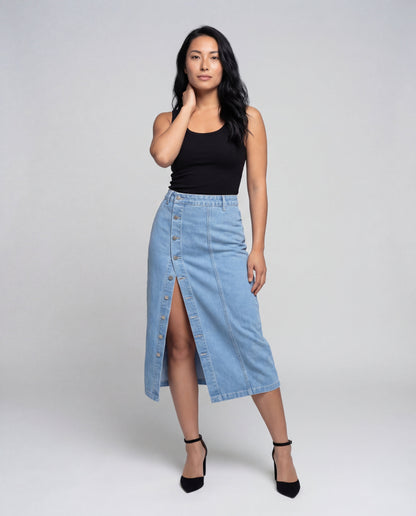 Damen Midi-Denimrock Hochgeschnitten Cargotasche Blue - Eveloria