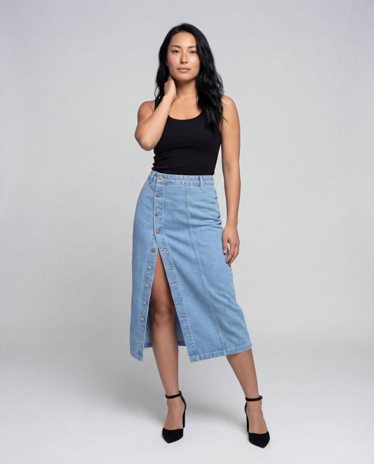 Damen Midi-Denimrock Hochgeschnitten Cargotasche Blue - Eveloria